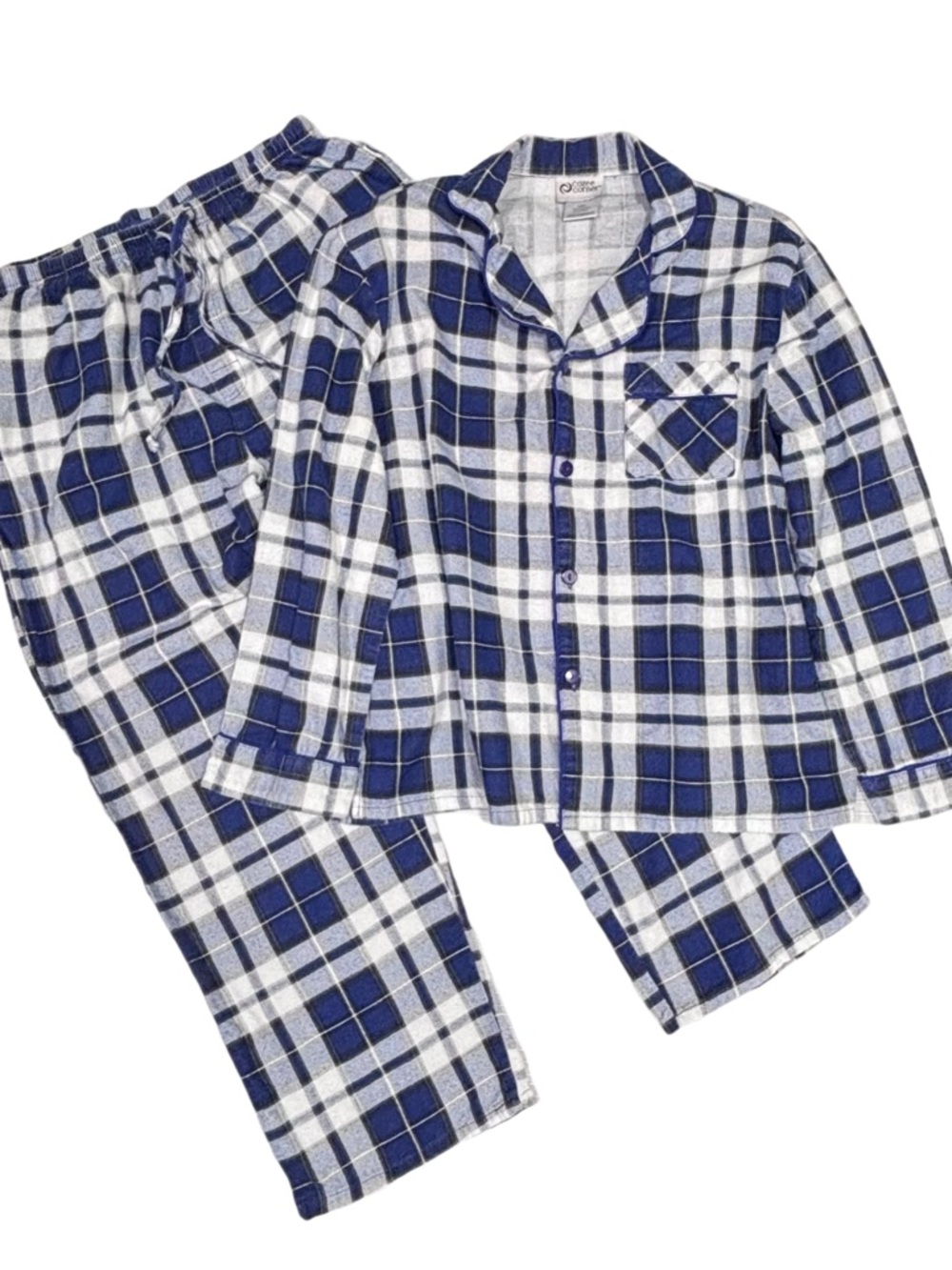 Vintage Cozee Corner Mens Blue and White Plaid Flannel Pajama Set 100% Cotton M